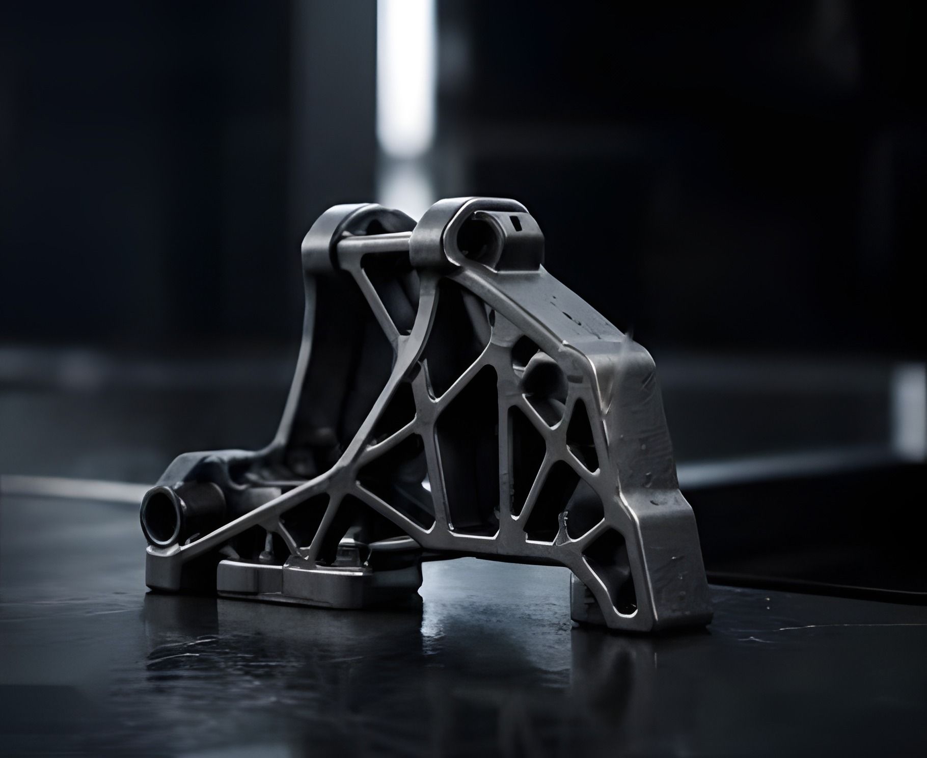 Soporte estructural de nylon con fibra de carbono impreso en 3D, con geometría optimizada, sobre una superficie oscura